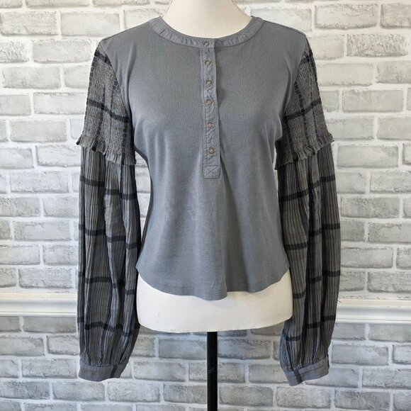 Pilcro Anthropologie The Andie Ribbed Henley Top L Plaid Smocked Pleated Whimsyg - Picture 9 of 9